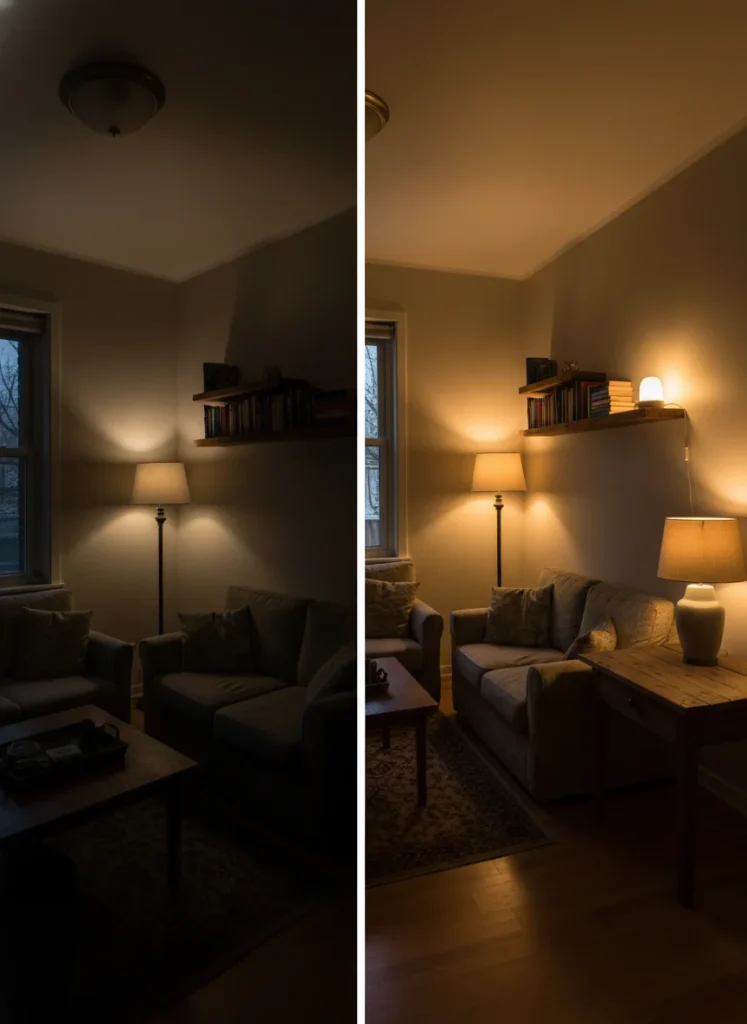  A small awkward living room shown with only overhead light on: the corners are dark and visually disappearing, making the room feel smaller and less resolved. Second version of the same room with the overhead light off and three lamps lit: a floor lamp in one corner, a table lamp on the console, and an accent lamp on a shelf. The corners are now visible and the room reads as larger. Editorial interior photography.