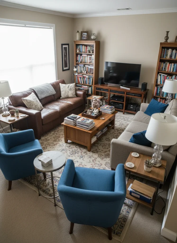A small living room before and after shot: the before version has a loveseat, sofa, two accent chairs, a coffee table, two side tables, a large console, and a bookcase all in the same room, making it feel cluttered. The after version has only the sofa, one accent chair, a round coffee table, and one floor lamp. The room feels dramatically larger and more resolved. Editorial interior photography.
