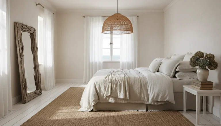 A coastal grandmother bedroom with warm white walls, a natural linen duvet in soft white and ivory, a rattan pendant lamp casting warm light, driftwood-framed mirror leaning against the wall, sheer white curtains letting in ocean-quality morning light, a stack of hardcover books on the nightstand, a simple ceramic vase with dried hydrangeas, jute area rug on white-painted wood floor. Effortless, lived-in luxury. Editorial interior photography.