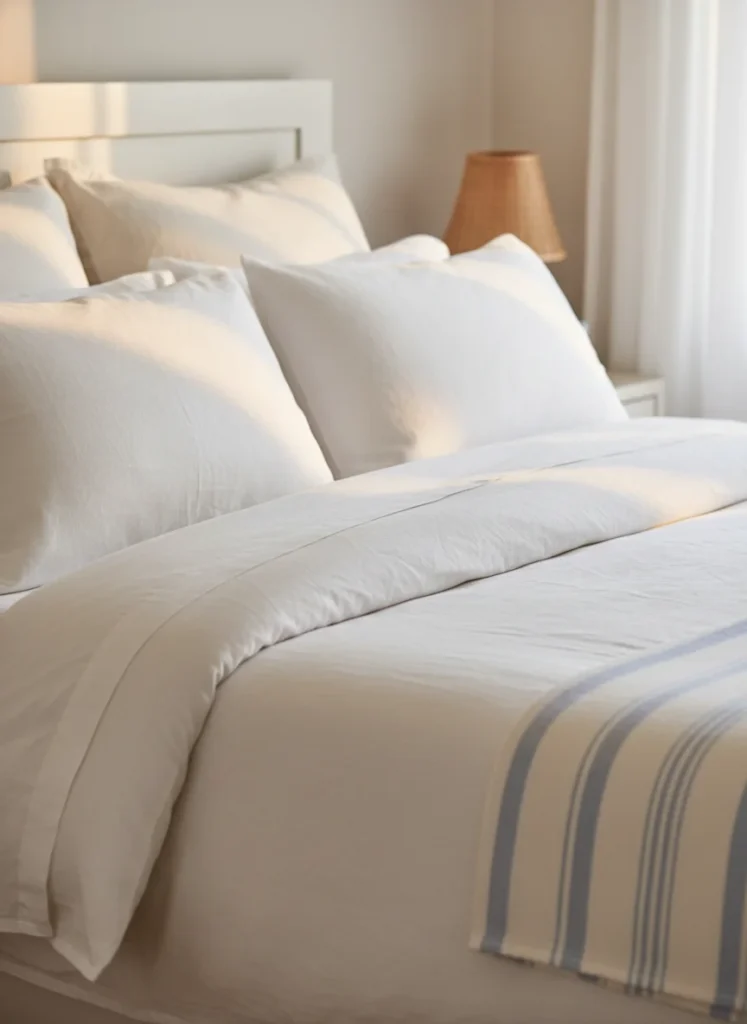  A neatly made bed with crisp white linen bedding, naturally wrinkled duvet cover, layered ivory and white pillowcases, a soft lightweight cotton blanket folded at the foot in a faded pale blue stripe. Warm morning light through sheer curtains. The bed is the clear anchor of the coastal grandmother bedroom. Editorial interior photography, close-up of fabric texture.