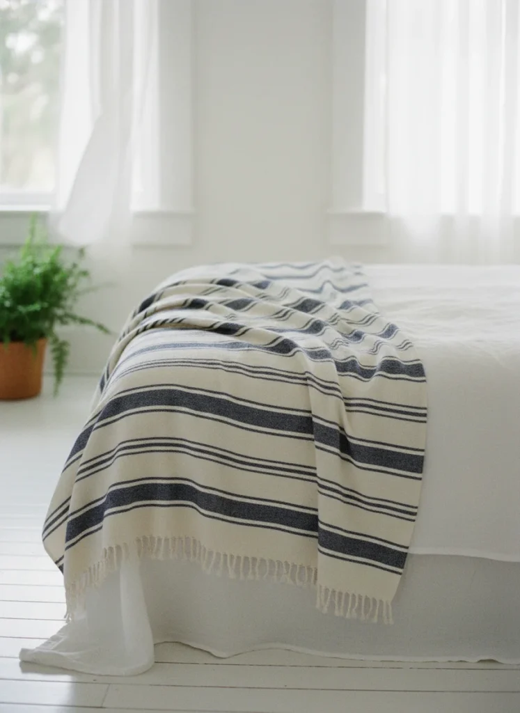 The foot of a coastal grandmother bed with a soft faded navy and white striped cotton throw blanket folded horizontally across it. The stripes are classic but muted, not loud. The throw looks worn-in and casual, not crisp or new. White linen bedding underneath. Natural light. Coastal, relaxed, timeless. Editorial interior photography.