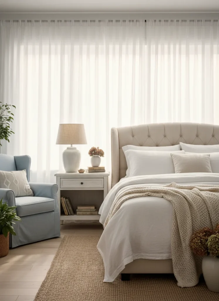 A coastal grandmother bedroom with sheer white linen curtains hung from ceiling-height rods, pooling slightly on the floor. Morning light filters through the sheers, casting a soft diffused glow into the room. The entire wall reads as open and bright even though the window itself is a standard size. Relaxed, airy, beautiful. Editorial interior photography.