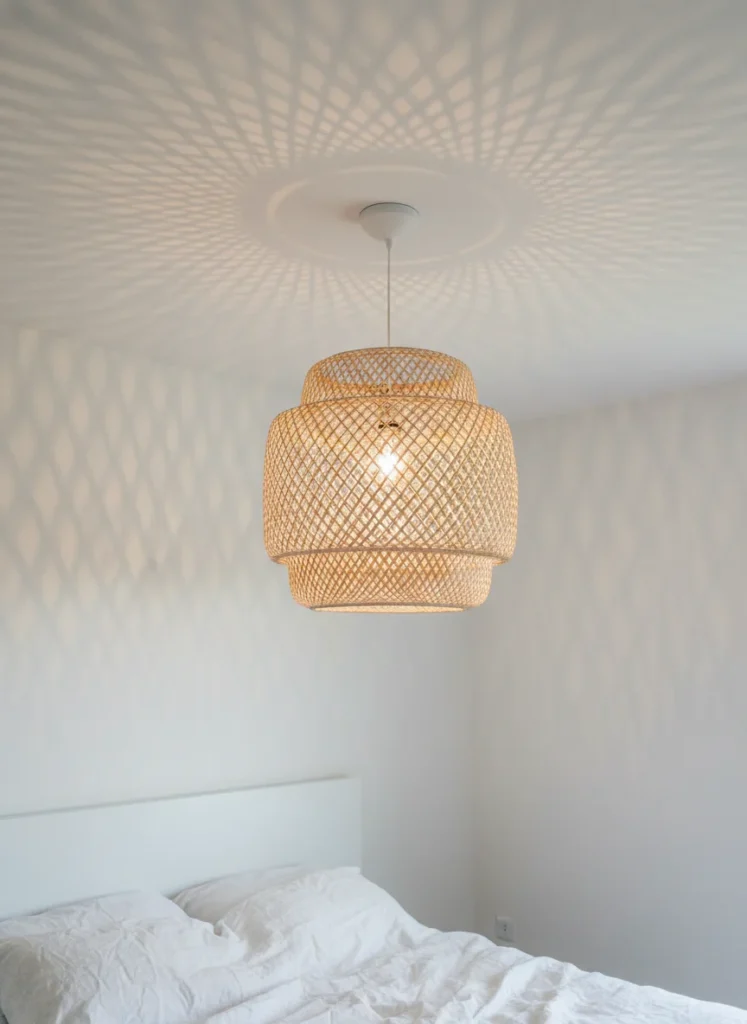 A coastal grandmother bedroom ceiling with a round rattan pendant lamp hanging centrally, casting warm dappled light through the woven material. The natural fiber creates a warm pattern on the white ceiling above it. Understated, natural, absolutely characteristic of the coastal grandmother aesthetic. White walls, linen bedding visible below. Editorial interior photography.