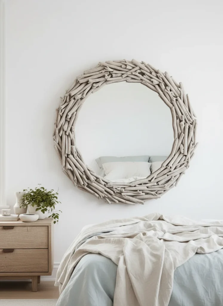 A large round or rectangular mirror with a natural driftwood or bleached wood frame leaning against the bedroom wall beside a dresser. The wood is weathered, light-toned, and irregular, reading as something that washed ashore and was put to beautiful use. White walls behind it, linen bedding on the bed visible in the background. Coastal, natural, timeless. Editorial interior photography.