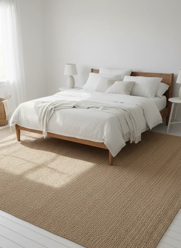  A coastal grandmother bedroom floor with a natural jute area rug under and around the bed. The tight flat weave of the jute is visible. Its warm sandy-beige tone coordinates perfectly with white walls and linen bedding. The rug grounds the bed without adding any color competition to the room. Natural morning light. Editorial interior photography, wide shot.