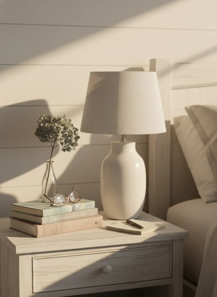 A coastal grandmother bedroom nightstand with a small stack of three or four hardcover books with their spines facing different directions, a simple white ceramic lamp with a linen shade beside them, a small glass vase with a single dried hydrangea stem. Simple, personal, unhurried. The books are clearly actually read, not staged. Warm morning light. Editorial interior photography.