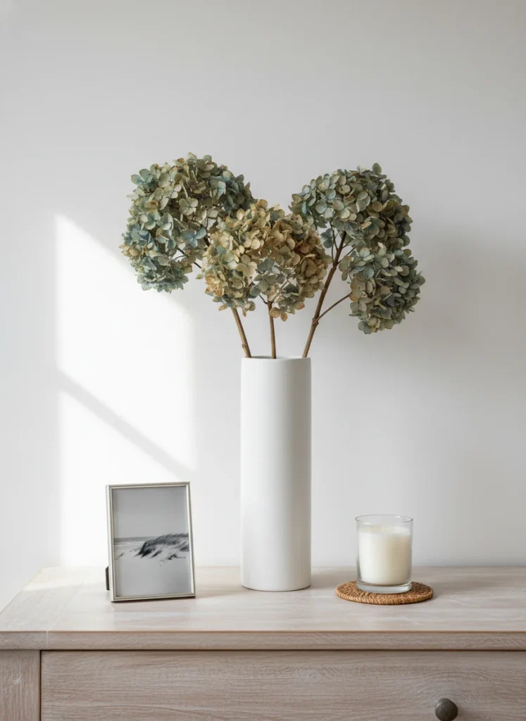 A coastal grandmother bedroom dresser surface with a tall simple white ceramic vase holding dried blue and white hydrangea stems. The dried flowers are in their faded, natural state rather than artificially colored. Beside the vase, a small framed photo and a candle. The dresser is not cluttered. Soft light, white wall behind. Editorial interior photography.