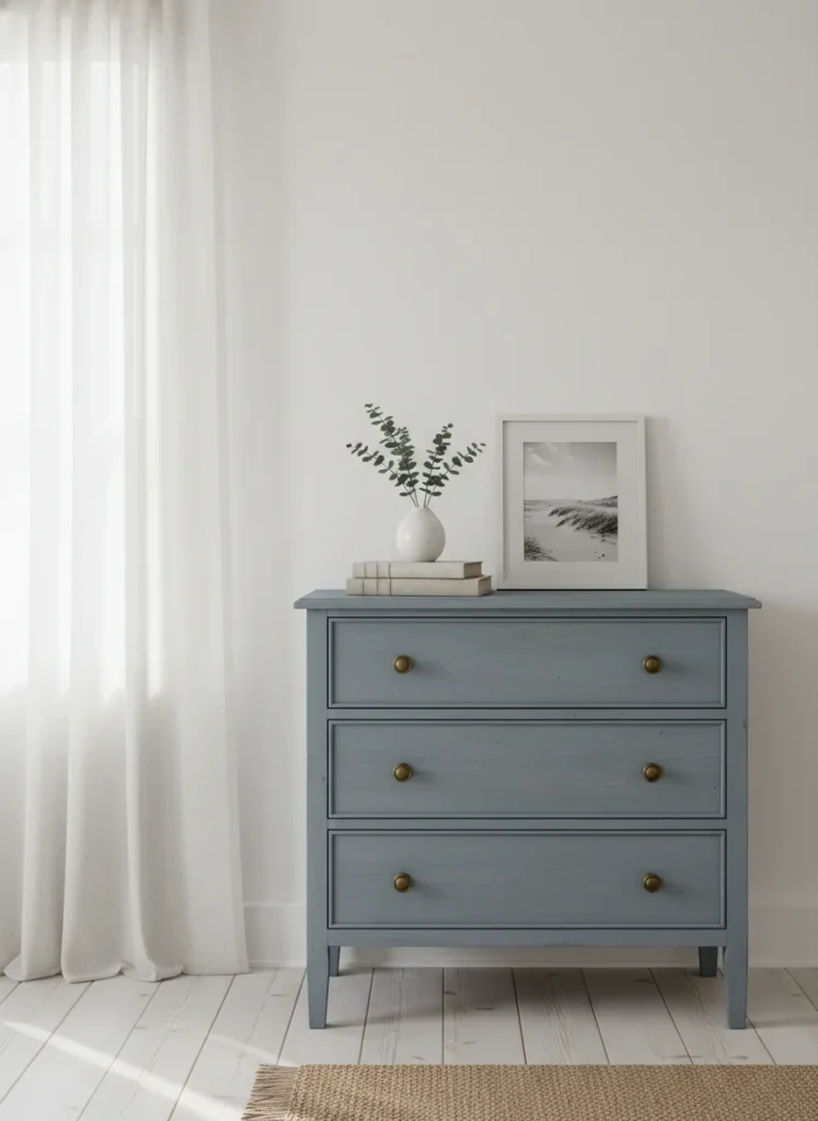 A small bedroom dresser painted in a muted, faded dusty blue-gray tone, matching the coastal grandmother palette perfectly. The painted finish looks slightly chalky and aged rather than fresh and glossy. White walls behind it. Simple brass knobs or antique hardware. Linen curtains at the window. Natural light. Coastal, timeless, personal. Editorial interior photography.