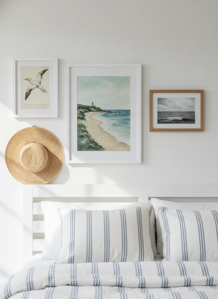A coastal grandmother bedroom wall with two or three framed prints in simple white or natural wood frames: one is a faded watercolor of a coastal landscape, one is a vintage botanical print of a seabird, one is a simple black and white photograph of an ocean horizon. The frames are mismatched but coordinated. The art reads as collected over time. Editorial interior photography.