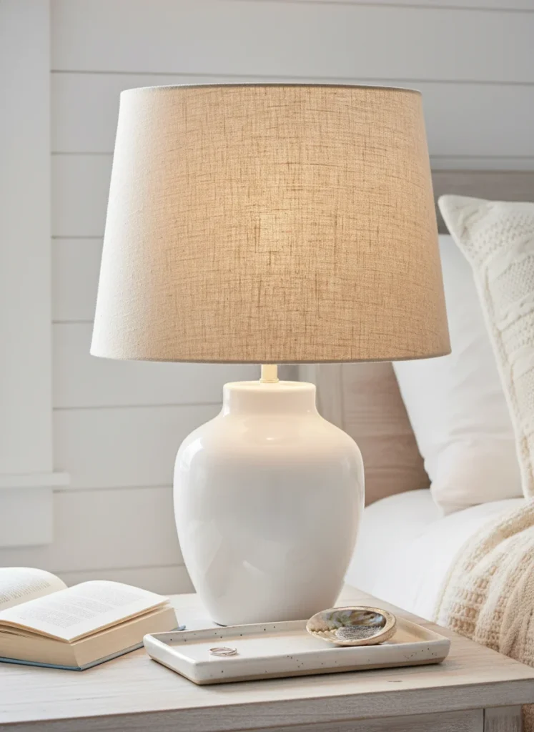 A coastal grandmother bedroom nightstand with a simple white ceramic lamp base topped with a natural linen drum shade, slightly textured and warm-toned. The lamp is on, casting warm soft light. The lampshade material is clearly natural fiber, slightly translucent when lit. Beside it, a book and a ceramic tray. Clean, coastal, refined. Editorial interior photography.