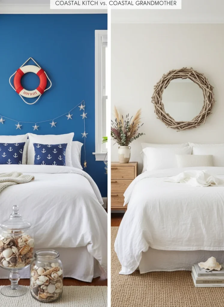 A split comparison image: left side shows obvious kitschy coastal bedroom decor with a life ring on the wall, anchor motif pillows, bright cobalt blue accent wall, and sea shell collections in glass jars. Right side shows the restrained coastal grandmother version of the same room with white linen, jute, dried flowers, and a driftwood mirror. Clearly illustrating the difference. Editorial interior photography.
