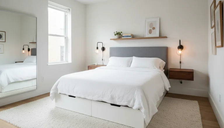A small bedroom with a full-size bed placed against the longest wall, floating wall-mounted nightstands on each side, under-bed storage drawers visible beneath the frame, wall-mounted plug-in sconces instead of table lamps, a narrow floating shelf above the headboard. Clean, organized, airy. Editorial interior photography, natural light, wide shot showing full room layout.