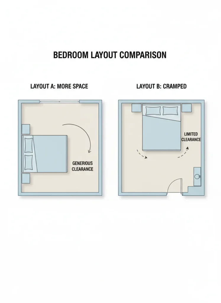  A floor plan diagram style illustration of a small rectangular bedroom showing a full bed placed against the long wall with generous clearance on one side versus a bed centered on the short wall with cramped clearance. Simple graphic, two layouts side by side showing the space difference clearly.