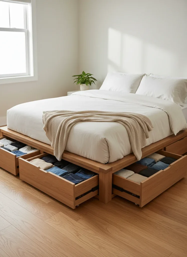 A full-size bed with a low-profile platform frame featuring two deep built-in storage drawers on each side, drawers partially pulled open showing folded clothing inside. Clean neutral bedding on top. Small bedroom, light walls, wooden floor. The under-bed storage completely eliminates the need for a separate dresser. Editorial interior photography.