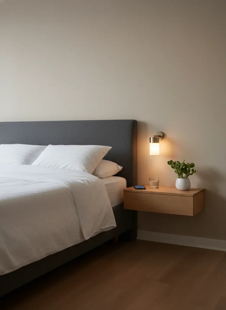 Close-up of a bedroom wall beside a full bed showing a small floating wood wall-mounted shelf installed at nightstand height. On the shelf: a small plug-in wall sconce, a phone, a glass of water, and a small plant. No floor nightstand. The floor beside the bed is completely clear. Minimal, functional. Editorial interior photography.