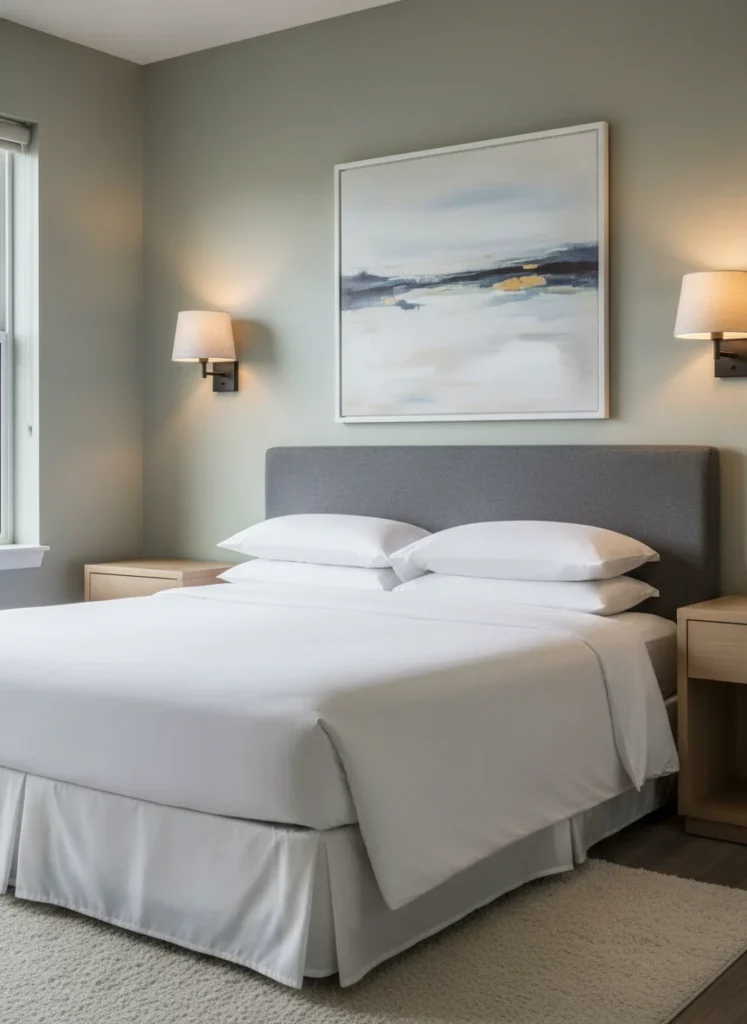 Two matching plug-in wall sconces mounted symmetrically on the wall on each side of a full bed, at reading height approximately 24 inches above the mattress level. Warm amber light casting downward. Simple linen shades. No table lamps, no floor lamps. Nightstand area is clear. Cozy, hotel-quality bedroom atmosphere. Editorial interior photography.