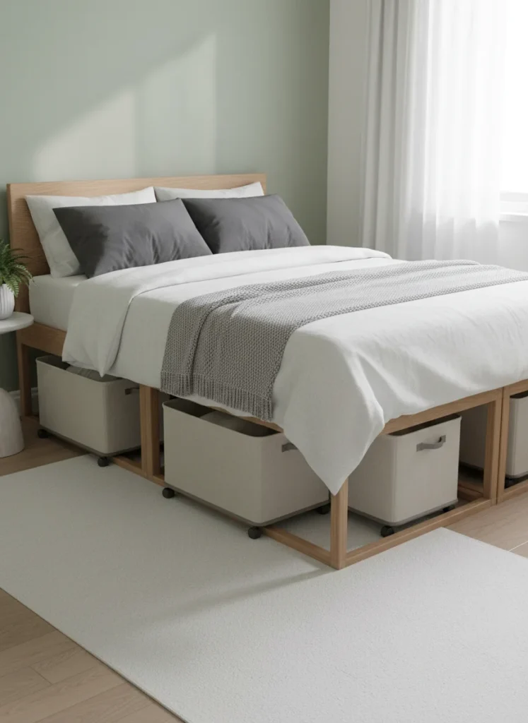  A full bed elevated on bed risers approximately 6 inches higher than standard height, creating visible clearance underneath. Under the bed on both sides are flat rolling storage bins in neutral canvas, pulled out slightly to show they are accessible. The bed looks intentional, not makeshift. Clean small bedroom. Editorial interior photography.