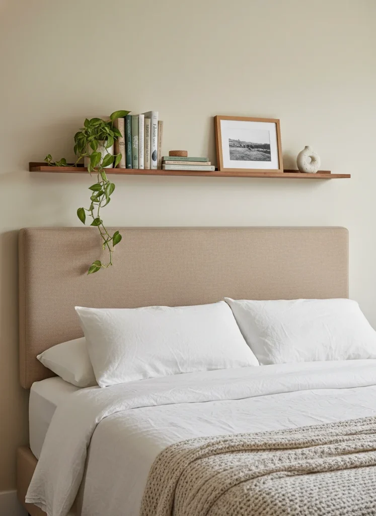 A bedroom wall above a full bed headboard with a long, narrow floating shelf installed approximately 12 inches above the top of the headboard. On the shelf: a row of books standing upright, a small trailing plant, a framed photo, and a small ceramic object. Warm bedroom. Functional and styled. Editorial interior photography.