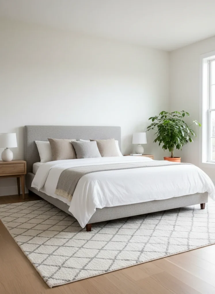 A full bed with a low-profile upholstered headboard, approximately 30 inches tall, in a warm greige linen fabric. The headboard does not reach the ceiling and leaves wall space visible above it. The room feels open and the bed feels grounded. Simple clean bedroom. Editorial interior photography, wide shot showing full bed and surrounding space.