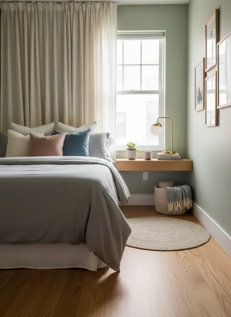 A small bedroom with a full bed pushed against the left wall, leaving a generous clear walkway of approximately 36 inches on the right side. One floating wall shelf serves as the right nightstand. A long curtain panel on the left wall creates a soft headboard alternative and prevents the against-the-wall side from looking like a dead end. Cozy and organized. Editorial interior photography.