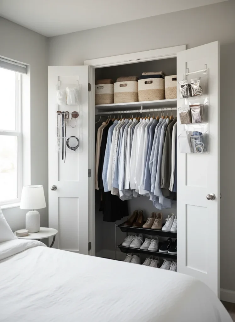 An open closet in a small bedroom that has been fully optimized: a double hanging rod system for short items, a shelf above with stacked folded items in woven bins, a slim shoe rack on the closet floor, door-mounted organizers for accessories. No dresser visible in the bedroom. The closet does all the storage work. Editorial interior photography.