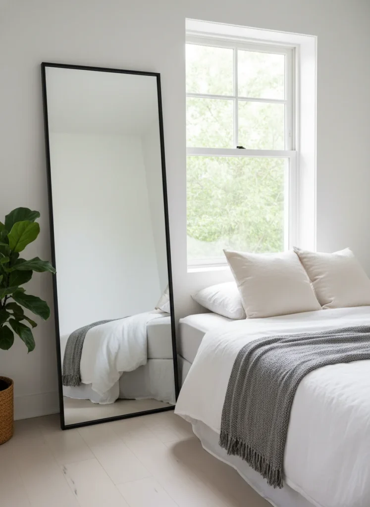 A small bedroom with a full-length leaner mirror in a simple thin frame placed on the wall directly opposite the window. The mirror reflects the natural light and the view of the window, creating a visual impression that the room is twice as wide. The bed is visible in the mirror reflection. Natural light, editorial interior photography, wide shot.
