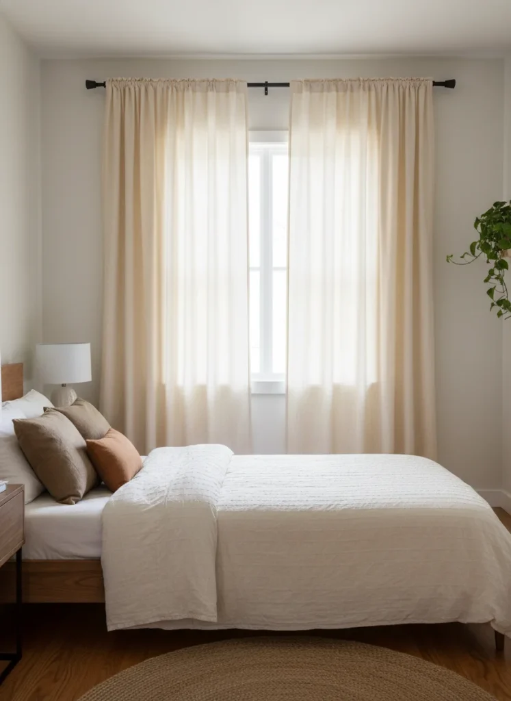  A small bedroom showing floor-to-ceiling curtain panels in a warm ivory linen fabric hung from a rod mounted 2 inches from the ceiling. The curtains extend all the way to the floor. The window in the center is regular height but the curtains frame the entire wall section, making the ceiling appear much taller. Full bed visible in foreground. Editorial interior photography.