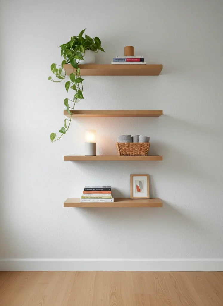 A small bedroom wall with a vertical storage solution: three staggered floating shelves at different heights holding books, a plant, a small lamp, and folded items in a small basket. No surface furniture below them. The floor is clear. The wall storage replaces what would have been a bookcase or side table taking floor space. Editorial interior photography.