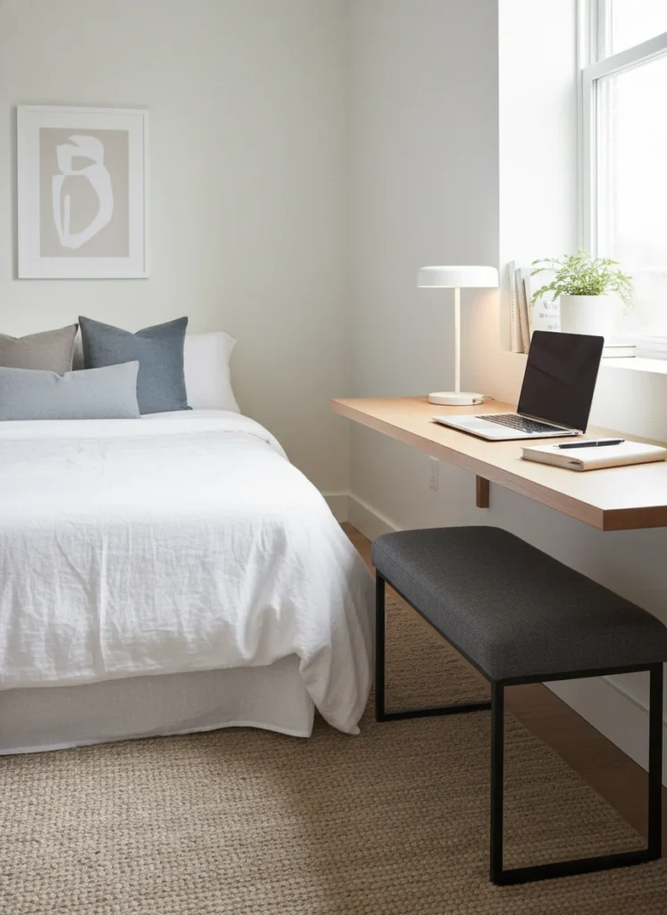 A small bedroom with a full bed on one side and on the other side, a slim floating wall-mounted desk about 18 inches deep by 36 inches wide, at desk height. On the desk surface: a laptop, a small lamp, a notebook. The desk chair is a slim bench-style seat that tucks fully under the desk. The room serves as both bedroom and workspace. Editorial interior photography.