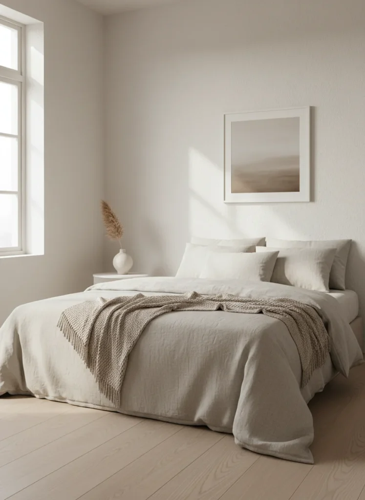 A full bed in a small bedroom with light oat or warm white linen bedding that matches or coordinates closely with the light-colored walls and floor. The bed recedes visually into the room rather than dominating it. Simple, calm, airy. Compared mentally to a bed with dark or high-contrast bedding that visually dominates the same space. Editorial interior photography.