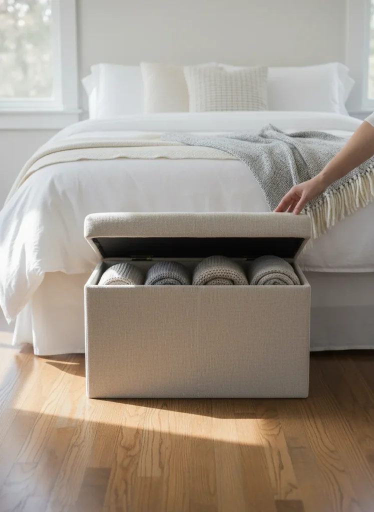 The foot of a full bed with a small rectangular folding storage ottoman in a neutral fabric, approximately 36 inches wide and 18 inches deep, fitting neatly at the foot of the bed without blocking the walkway. The ottoman lid lifts to reveal interior storage for blankets. When not needed, it could fold or stack. Practical and styled. Editorial interior photography.