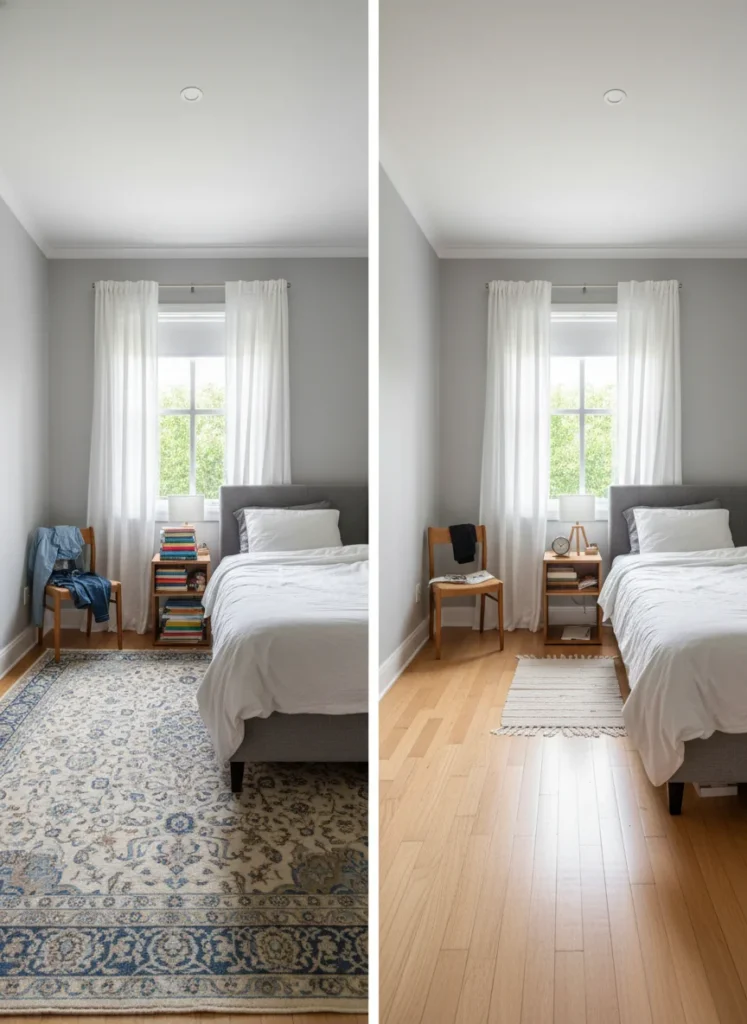  Two side-by-side comparison views of a small bedroom under 120 square feet: left shows a full bed with a large area rug underneath making the room feel cluttered and smaller, right shows the same room with bare wood floor and only a small bedside runner beside the accessible side of the bed, looking more open and cleaner. Editorial interior photography.