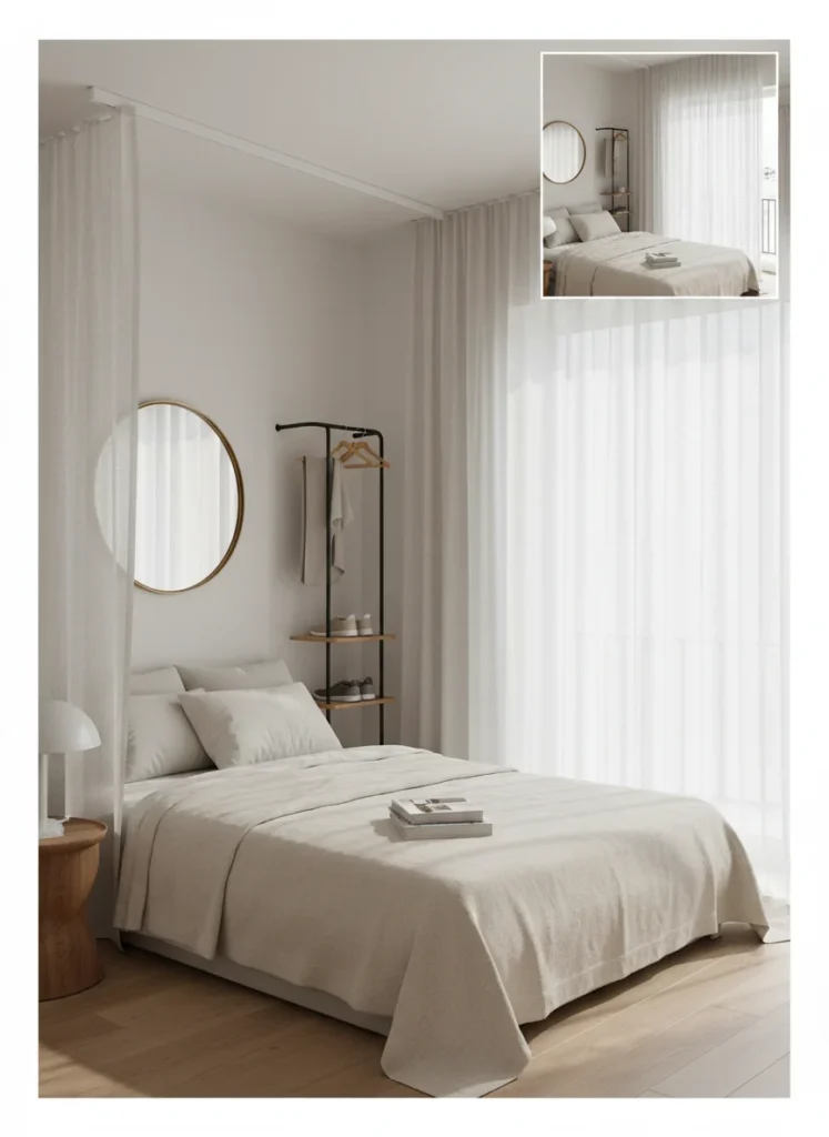 A small bedroom where a sheer linen curtain panel hung from a ceiling-mounted curtain track defines a small nook on the left side of the full bed. Behind the curtain: a clothing rack, a small mirror, a narrow shoe shelf. The curtain is open in the photo showing the zone, and a second image inset shows it closed, looking like a soft room divider. Editorial interior photography.