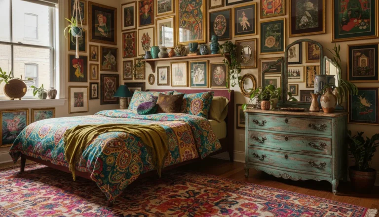 A small maximalist bedroom that works: a deep jewel-toned gallery wall in emerald and burgundy tones behind the bed, bold patterned bedding in complementary colors, a vintage eclectic dresser with a layered mirror, a colorful area rug anchoring the room, a cluster of ceramic vases and plants on a shelf. The room feels abundant and intentional, not chaotic. Warm ambient lighting. Editorial interior photography.