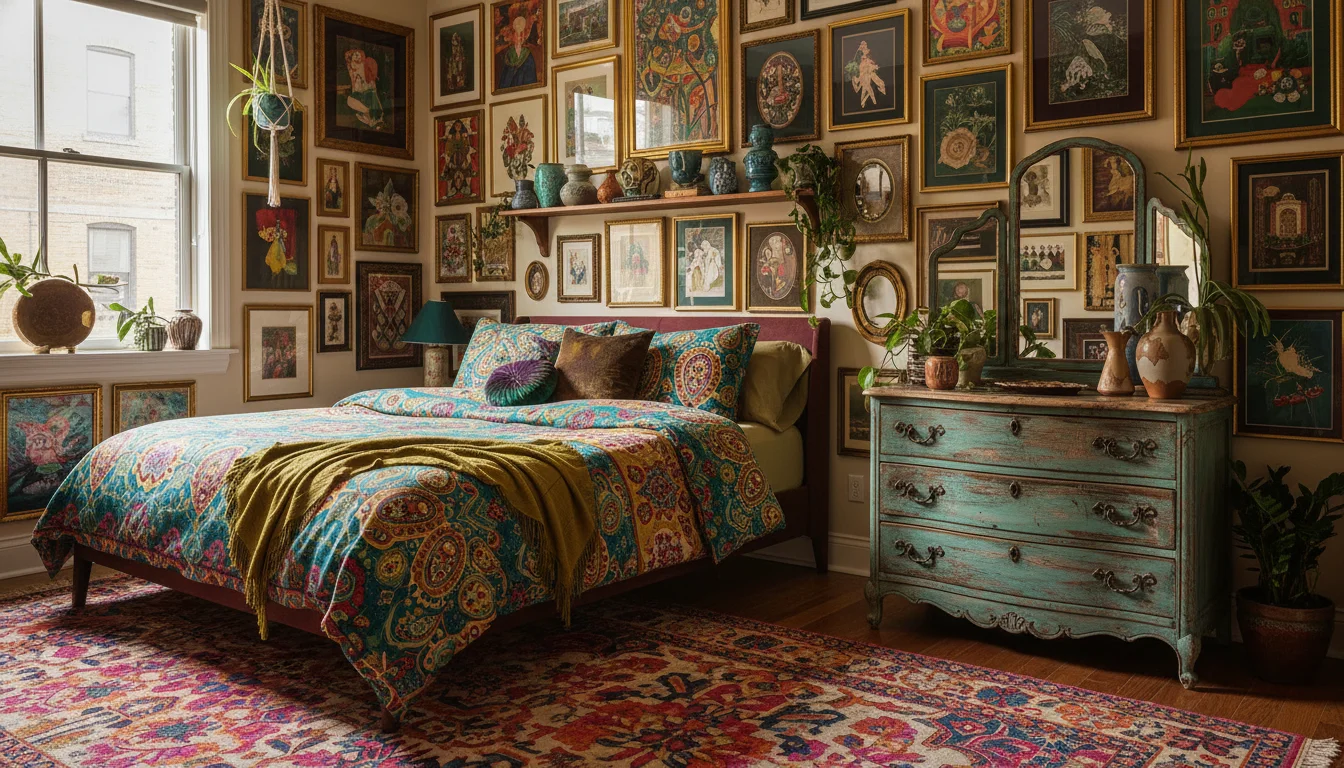 A small maximalist bedroom that works: a deep jewel-toned gallery wall in emerald and burgundy tones behind the bed, bold patterned bedding in complementary colors, a vintage eclectic dresser with a layered mirror, a colorful area rug anchoring the room, a cluster of ceramic vases and plants on a shelf. The room feels abundant and intentional, not chaotic. Warm ambient lighting. Editorial interior photography.