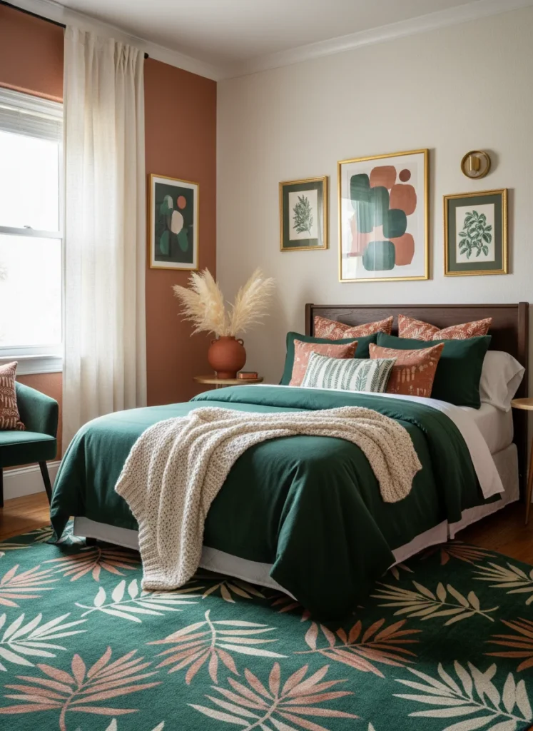 A small bedroom showing a cohesive maximalist palette in action: deep emerald green, warm terracotta, and cream used across the bedding, wall art, throw pillows, and a small ceramic vase. Three colors only, but used at different scales and intensities throughout the room. The room feels rich and intentional rather than scattered. Editorial interior photography.