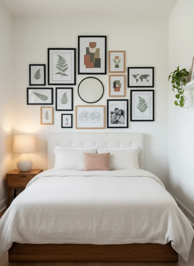  A small bedroom with a densely hung gallery wall covering the entire wall behind the bed from near the ceiling down to just above the headboard. The frames are different sizes but related in tone: mix of black frames and natural wood frames. The art inside: botanical prints, abstract color blocks, a vintage map, a personal photo, a small mirror. The wall reads as a curated collection. Warm lamp light. Editorial interior photography.