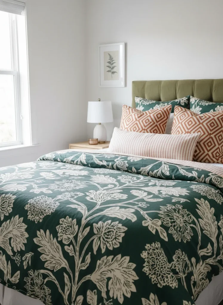 A small maximalist bedroom bed styled with three different patterns: a large-scale floral duvet in deep botanical green and cream, medium-scale geometric print throw pillows in terracotta and ivory, and a small-scale pinstripe or solid textured lumbar pillow. All three patterns share the same color palette. They mix without competing because their scale is different. Editorial interior photography.