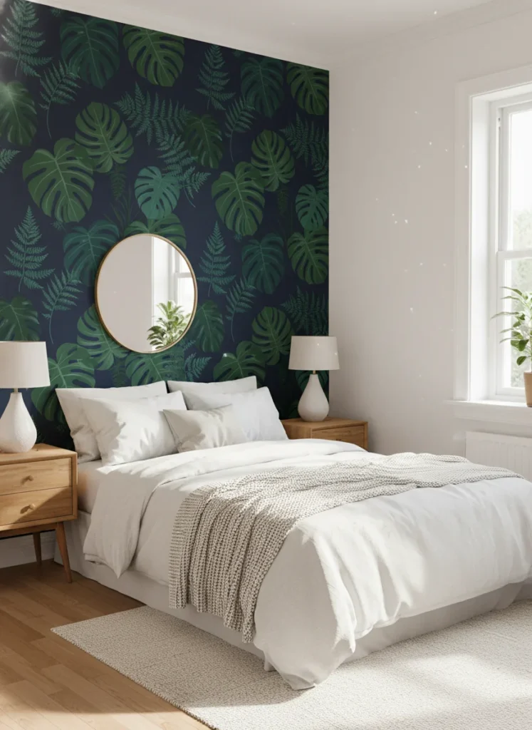 A small bedroom with one bold peel-and-stick wallpapered wall in a dramatic botanical print: large dark leaves on a deep navy or forest green background. The other three walls are plain white. The wallpaper wall is behind the bed and the contrast between the bold pattern and the clean walls on the other three sides makes the room feel designed rather than overwhelming. Editorial interior photography.