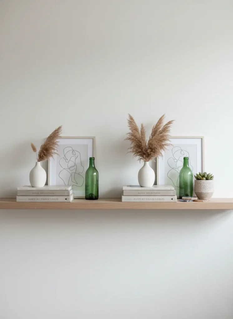 A bedroom shelf showing the difference between scattered and clustered decorative objects: left half of the shelf has individual objects spaced far apart reading as random and half-finished. Right half shows the same objects clustered in a tight group of different heights, sizes, and materials, reading as a curated collection. The clustered side reads as maximalist and intentional. Editorial interior photography.