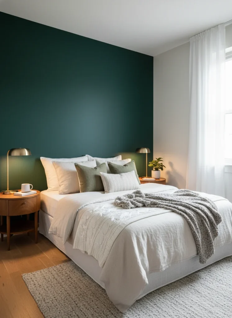 A small bedroom with one wall painted in a deep, saturated jewel tone, a rich forest green or midnight blue. The wall color is pulled from the bedding palette and makes the room feel like an intimate cocoon rather than a small box. The bed placed against the dark wall with contrasting lighter bedding makes the whole arrangement feel intentional and expensive. Warm lamp light. Editorial interior photography.
