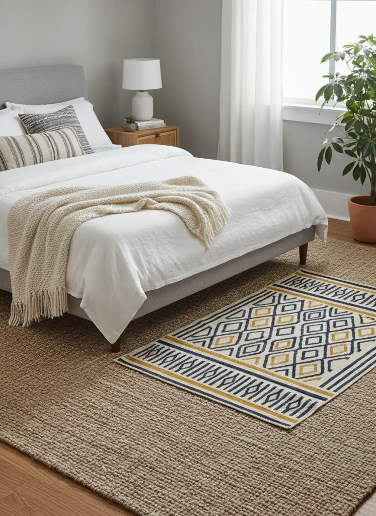 A small bedroom floor showing a layered rug arrangement: a large natural jute rug as the base layer taking up the full floor space under and around the bed, and on top of it a smaller bold patterned rug in the room's core colors, positioned at the foot of the bed. The layering adds visual richness at floor level without reducing the floor space reading. Editorial interior photography.