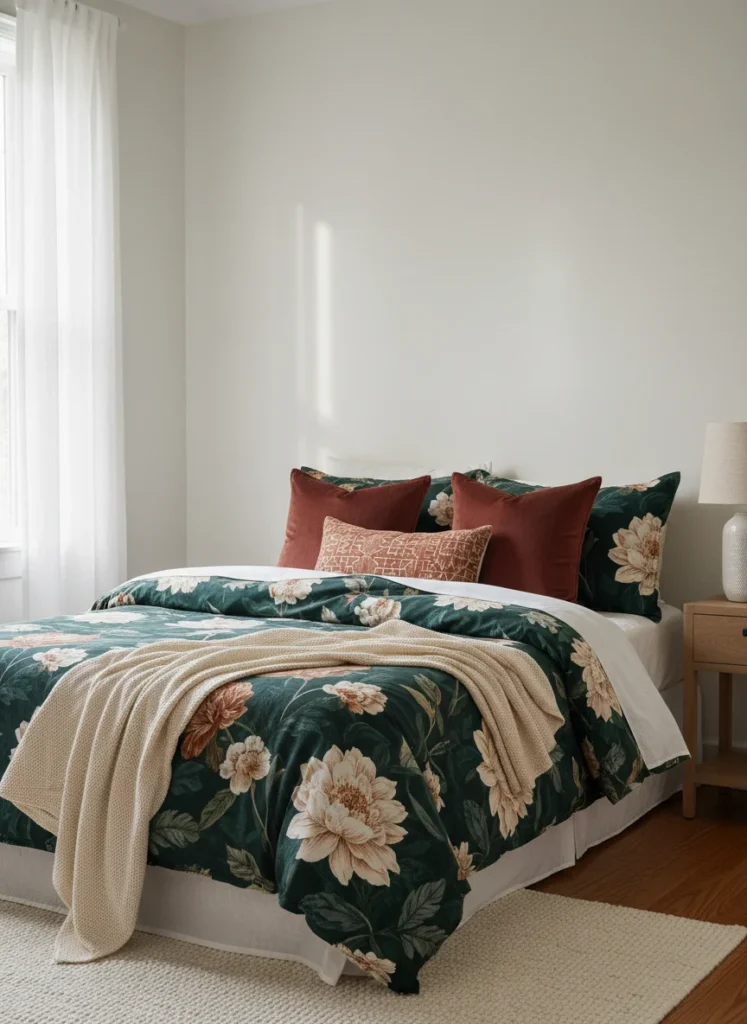  A small bedroom with a bold maximalist bed: a deep botanical print duvet cover in dark green with cream flowers, mixed with burgundy velvet throw pillows, a patterned lumbar in terracotta and ivory, and a cream waffle throw at the foot. The bed is completely styled and reads as the room's clear focal point. The walls are mostly plain to let the bed do the work. Editorial interior photography.