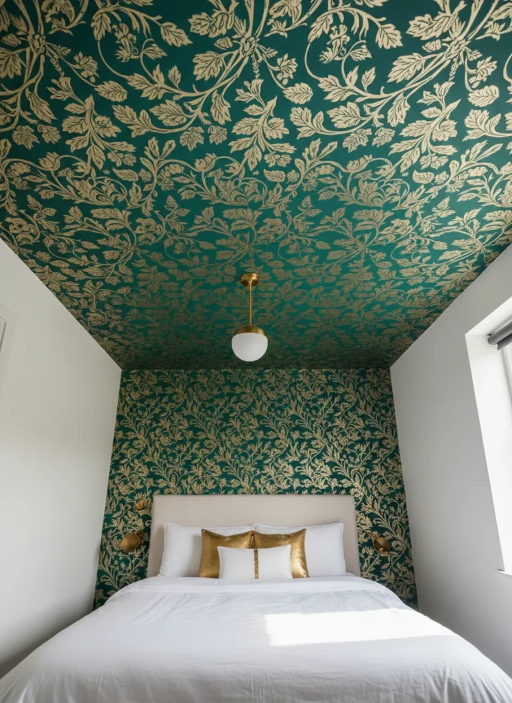  A small bedroom photographed from below looking up at a ceiling covered in a bold peel-and-stick botanical or geometric wallpaper in deep green and gold tones. The walls are plain white and the bold ceiling creates a dramatic canopy effect over the bed. The room feels like a jewel box. Editorial interior photography, upward angle showing the full ceiling and the bed below.