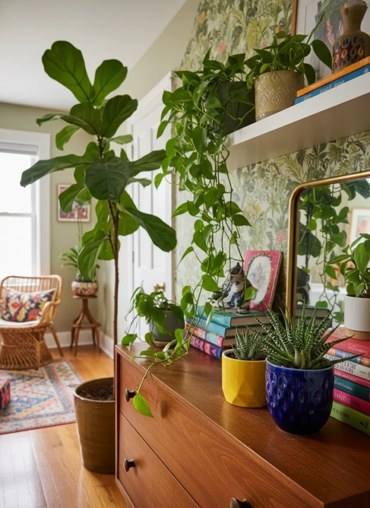 A small maximalist bedroom corner with plants at three different heights: a large fiddle leaf fig on the floor reaching toward the ceiling, a trailing pothos cascading from a floating shelf at mid-height, and two small succulents in bold ceramic pots on the dresser top. The greenery adds life and organic texture that no purchased object can replicate. Warm ambient light. Editorial interior photography.