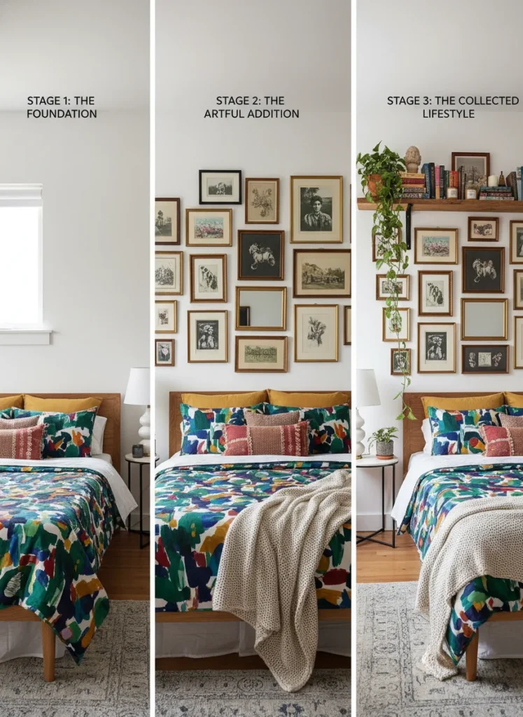  A small bedroom in stages of maximalist layering: the base stage shows just the bed with bold bedding and plain white walls reading as interesting. The second layer adds the gallery wall behind the bed. The third layer adds the shelf with clustered objects and a plant. Each stage reads as complete and intentional on its own. Presented as a three-panel progression. Editorial interior photography.