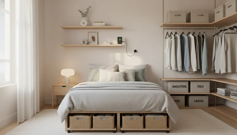 A small bedroom shown as intentionally minimal and organized: floating wall shelves with only a few objects on each, an open closet with neat hanging clothes on slim velvet hangers and folded items in labeled neutral bins, a clear nightstand surface with only a lamp and a phone, under-bed storage bins pulled out slightly to show they are being used. The room reads as clean, intentional, and peaceful. Editorial interior photography.
