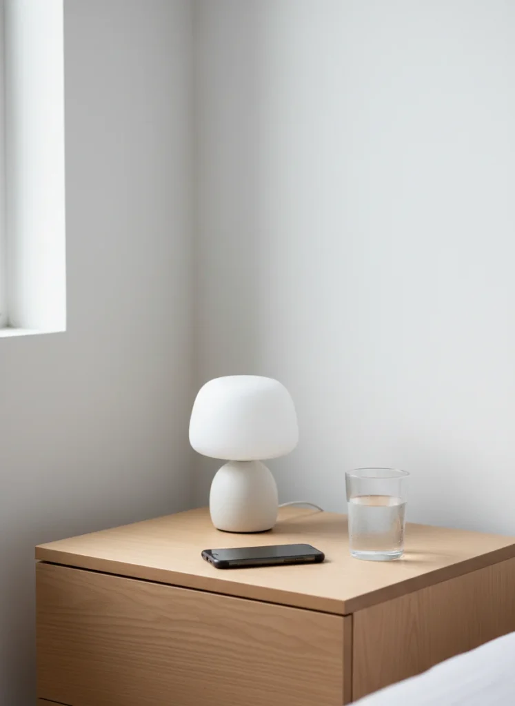 A styled small bedroom nightstand surface with exactly three items: a small ceramic lamp, a phone face-down, and a glass of water. Nothing else. Clean, intentional, calm. The surface beside it is completely clear wall. Editorial interior photography, close nightstand vignette shot.