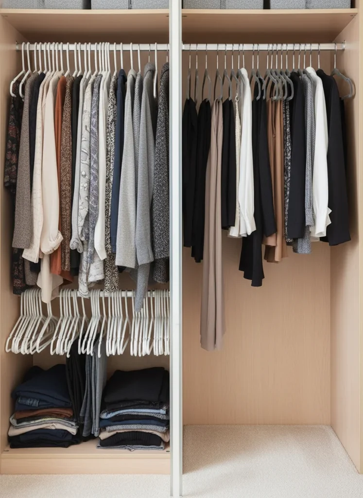 A closet rod showing the before-and-after of hanger replacement: the left half has thick plastic hangers that take up 2-3 inches each and look cluttered, the right half has slim velvet hangers spaced evenly, taking half the rod space. The difference in available space is immediately visible. Editorial interior photography, straight-on closet shot.