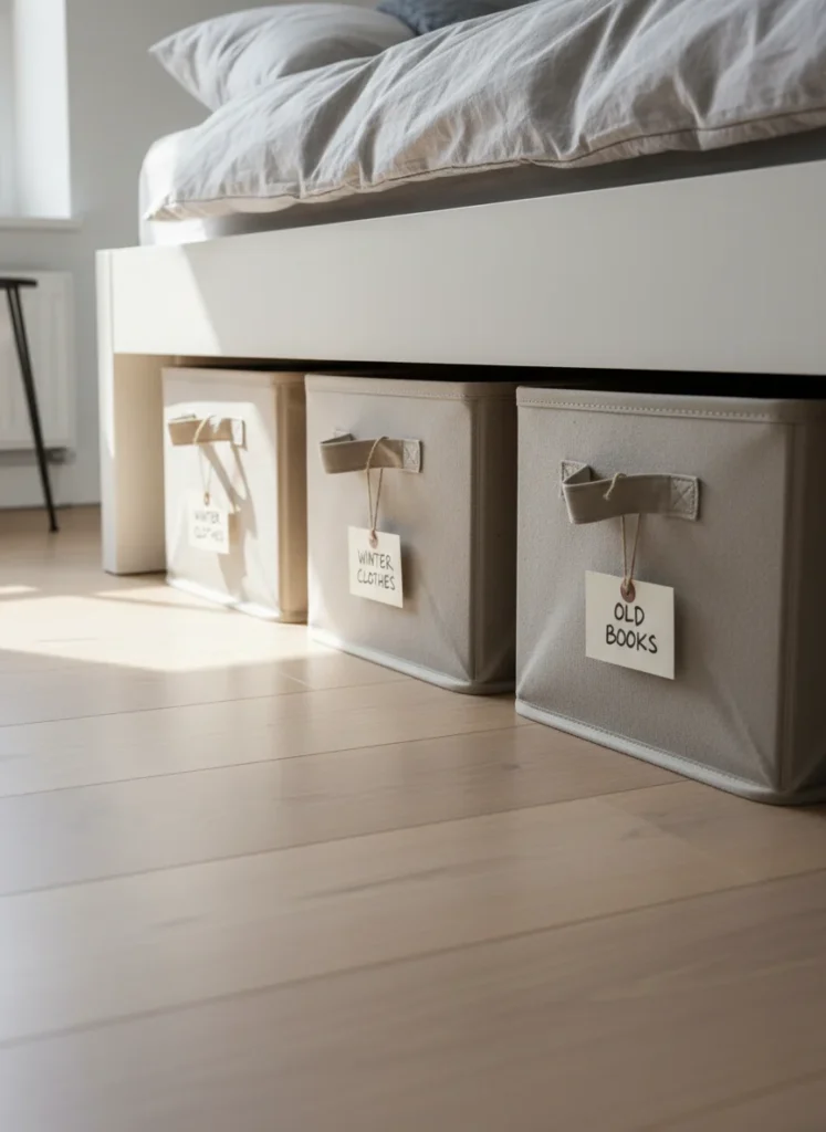 Under a bed with adequate clearance, three flat rolling storage bins in a neutral canvas fabric are visible, pushed mostly under with just the pull handles showing. They are clearly labeled in simple handwriting on small tags. The floor beside the bed is clean and uncluttered. Editorial interior photography, floor-level angled shot showing under-bed zone.